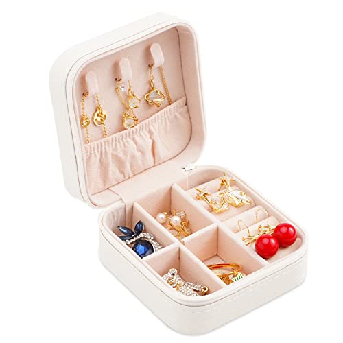 Neveika Portable Travel Mini Jewelry Box Leather Jewellery Ring Organizer Case Storage Gift Box Girls Women (white). - color: White