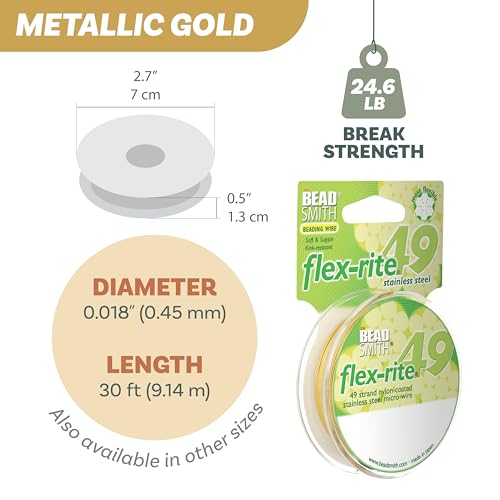 The Beadsmith Flex-Rite Beading Wire - 49-Strand Nylon-Coated Stainless-Steel Wire, 0.018" (0.45 mm) Dia, Metallic Gold, 30 ft Spool, Durable Necklace & Bracelet String, for Jewelry Making Supplies - color: Metallic Gold, size: .018” Dia - 30 Ft