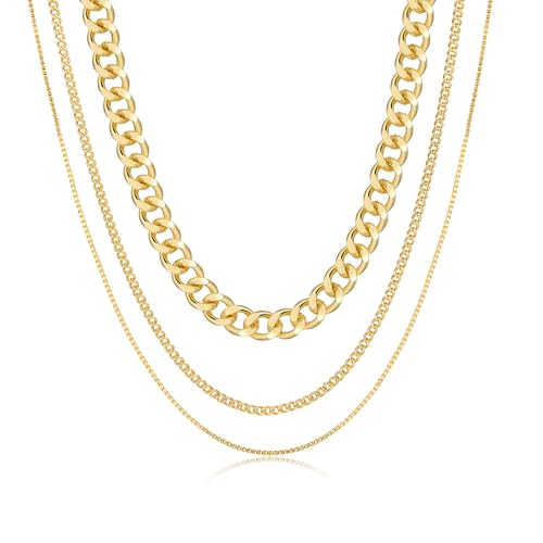 3PCS Gold Necklaces for Women,Chunky Statement Gold Plated Necklace Stack Layered Sterling Silver Herringbone Chains for Women Dainty Trendy Silver Chains Stacked Jewelry Gifts - color: gold statement necklace set