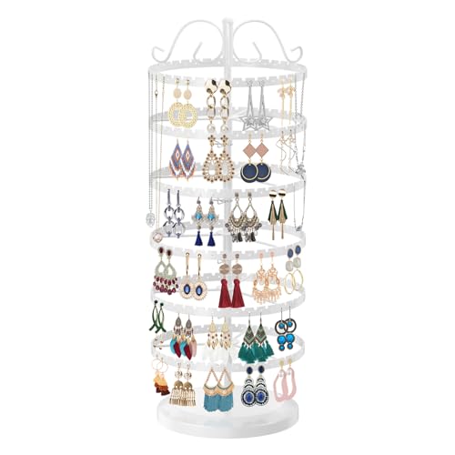 LASZOLA 6 Tier White Earring Holder Organizer Tree Women Display Storage for Stud and Hoop, Large Cool Rotating Clip Stand for Pierced and Dangle Earring, Vertical Metal Tower Carousel with 480 Holes - color: White, size: 6 Tier, 480 Holes