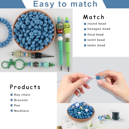 Sunrony 200Pcs Silicone Lentil Beads for Keychain Making, Bulk 12mm Silicone Abacus Spacer Beads for Necklace Bracelet Making Pens(Powder Blue) - color: G-Powder blue