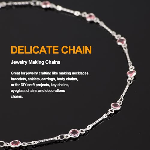 KYUNHOO 16.4 Feet Pink Rhinestone Bead Jewelry Chain Roll Stick Links Silver Chains for Jewelry Making with Connectors DIY Handcrafts - color: Pink Crystal Bead