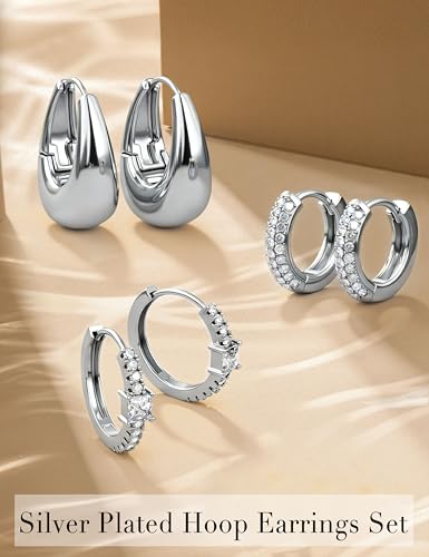 ORAZIO Small Gold Hoop Earrings for Women Hypoallergenic 14K Gold Plated Chunky Huggie Earring Sets for Multiple Piercing Dainty Earing Stacks Set Cute Silver Cartilage Jewelry Trendy Gifts - style: Silver Plated-Classic