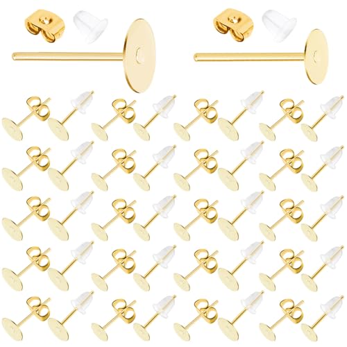 Earring Posts Stainless Steel, Flasoo 1200Pcs Hypoallergenic Earrings Posts and Backs, Gold Flat Pad Ear Ring Studs with Clutch for Earring Making and DIY Stud Earring Supplies - color: Gold