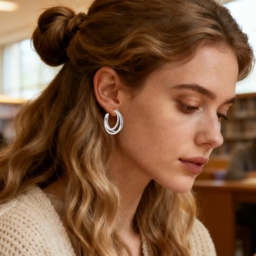 LAZA 925 Sterling Silver Hoop Earrings for Women, Sterling Silver Butterfly Hoops Colorful Flowers Hoop Huggie Earrings Hypoallergenic Jewelry Gifts for Women - color: Three-Layer Circles Earring