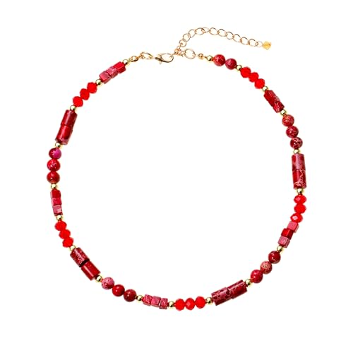 Elisheva Natural Stone Choker Necklace for Women, Boho Natural Emperor Jasper Stone Lace Agate Beaded Crystal Necklace, Gemstone Jewelry Gift for Her - style: red emperor stone choker
