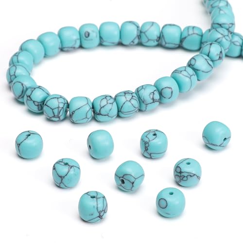 BEADIA Natural Blue Turquoise Flat Cut Round Drum Stone 8mmx7mm Loose Semi Gemstone Beads for Jewelry Making 38cm - color: Blue Turquoise