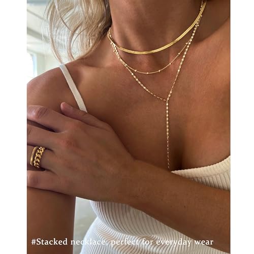 3PCS Gold Necklaces for Women,Chunky Statement Gold Plated Necklace Stack Layered Sterling Silver Herringbone Chains for Women Dainty Trendy Silver Chains Stacked Jewelry Gifts - color: gold Y-necklace set