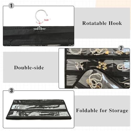 1 Pack Hanging Jewelry Organizer 80-Pocket Dual-sided Jewelry Storage for Earring Necklace Bracelet Ring Travel Holder, Black - color: Black