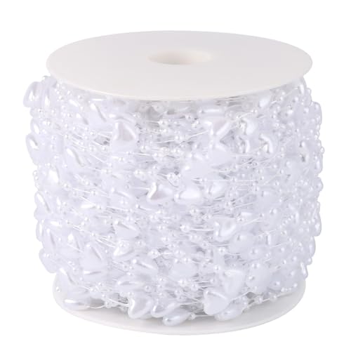 196FT Heart Beads String Garland, 10mm 3mm White Heart Shaped Beads Roll Strands Bulk Spool for Wedding Party Flower Christmas Decoration DIY Craft - color: White Heart & Pearl, size: 196FT
