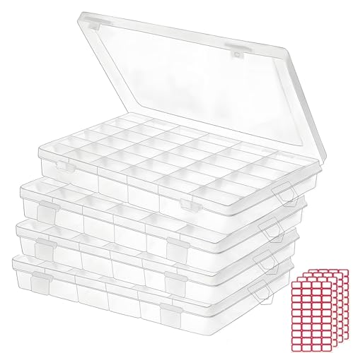 Budreu 4pack 36 Grids Plastic Clear Organizer Box Bead Storage Containers with Adjustable Dividers for Craft Jewelry Fishing Tackles Parts Storage with 4 Sheets Label Stickers - color: 4