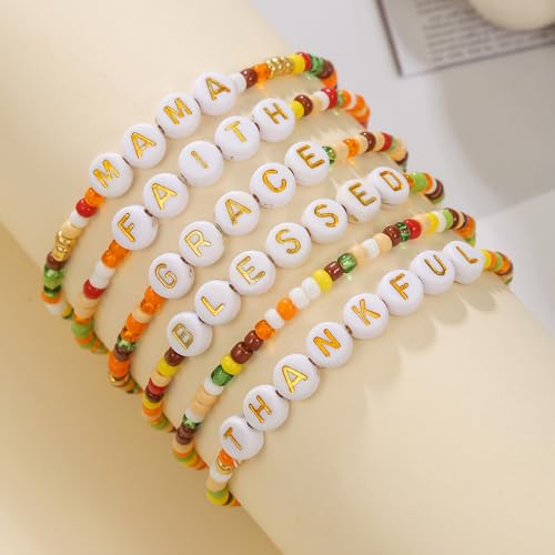 Thanksgiving Stackable Bracelet for Women Set Colorful Beads Rubber Ring Elastic Layering Letter Disc Maple Leaf Pendant Clay Stretch Fall Bracelets Fall Costume Bracelet Jewelry for Women - style: Style4