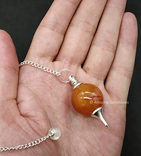 Amazing Gemstone Carnelian Crystal Ball Pendulum for Divination - Dowsing Pendulum Necklace with Chain and Quartz Bead for Reiki Healing and Crystal Grid Meditation - color: Carnelian