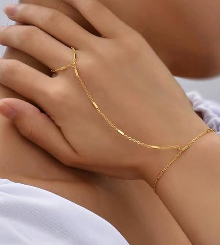 YEEZII Gold Hand Chain Bracelets for Women, 2 Pcs 14k Gold Plated Cubic Zirconia Link Chain Bracelet Set, Trendy ring bracelet hand chain Jewelry for Her - color: Gold-F