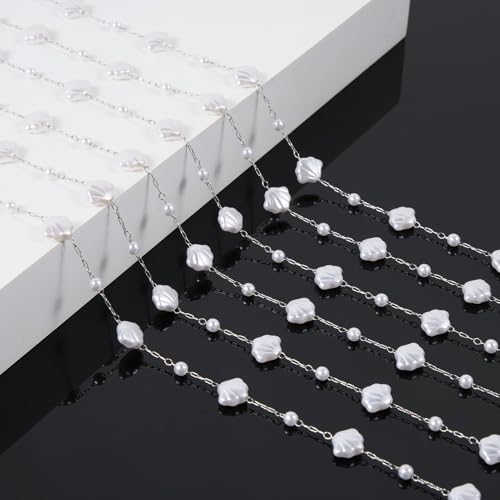 KYUNHOO 16.4 Feet Silver Chains for Jewelry Making Artificial Pearl Bead Chain on Spool with Lobster Clasps and Jump Rings - color: Shell Silver