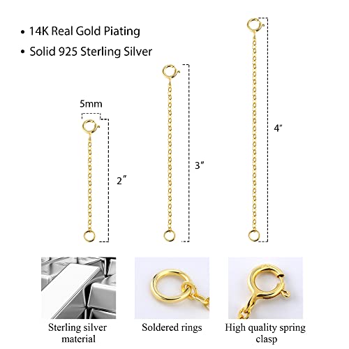 3 Pcs 925 Sterling Silver Necklace Extenders for Women Durable Strong Removable Necklace Bracelet Anklet Extension Jewelry Making Chains - color: 2 3 4 Inch, Gold