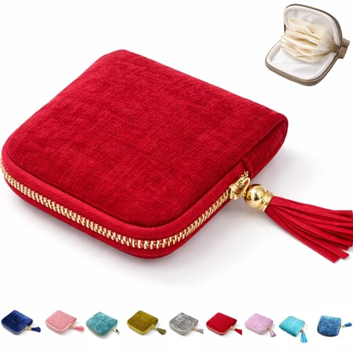 Small Travel Jewelry Case, 6-Layer Velvet Jewelry Organizer Storage Bag with Zipper, Mini Portable Pouch for Bracelet Rings Earring, Anti-Scratch Jewelry Pouch Gift for Women Girls（Wine Red） - color: Wine Red
