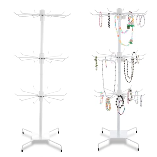 Lemecima 2 Pcs Rotating Jewelry Display Rack with Hooks Metal Earrings Display Stand for Selling Necklace (White, 3 Tires)