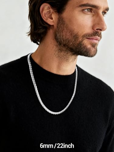 PROSTEEL Stylish Stainless Steel Flat Box Link Chain Necklace for Men, Silver/Gold/Black Tone, Hypoallergenic Jewelry, 14"-30", Come with Box - size: 20 inch(51cm), style: 6mm-Elegant Silver