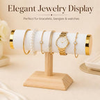 Jewelry bracelet Display T-Bar Stand 9 inch White PU Bracelet Holder with Gold Metal Ends 1-Tier Jewelry Organizer with Natural Pine Base, Bangle & Watch Display for Retail & Vanity - color: Round PU White