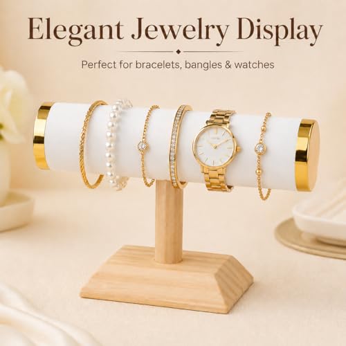 Jewelry bracelet Display T-Bar Stand 9 inch White PU Bracelet Holder with Gold Metal Ends 1-Tier Jewelry Organizer with Natural Pine Base, Bangle & Watch Display for Retail & Vanity - color: Round PU White