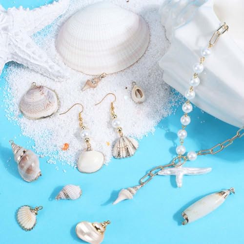 SUNNYCLUE 1 Box 20Pcs 10 Styles Seashell Charms Bulk Sea Shell Charms Large Gold Electroplated Natural White Conch Cowrie Ocean Beach Charm for Jewelry Making Charms Women DIY Necklaces Earrings Craft - color: 1 Box 20Pcs 10 Styles Seashell Charms