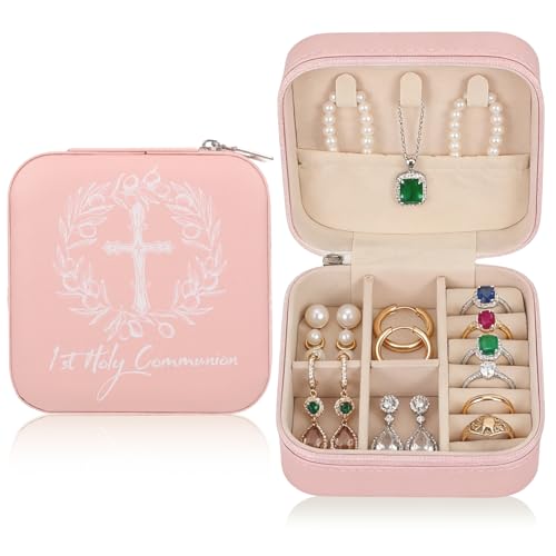 First Communion Travel Jewelry Box, Small Pink Case with Zipper & Soft Lining, Christian Keepsake Organizer for Rings Earrings Necklaces, Religious Keepsake Gift for Girls (1, Pink) - color: Pink
