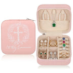 First Communion Travel Jewelry Box, Small Pink Case with Zipper & Soft Lining, Christian Keepsake Organizer for Rings Earrings Necklaces, Religious Keepsake Gift for Girls (1, Pink) - color: Pink