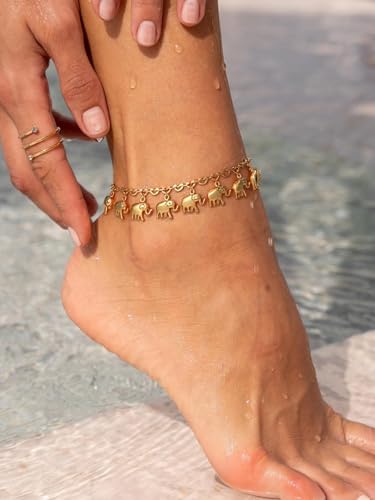 U7 Women Girls Barefoot Jewelry 18K Gold or Rose Gold Stainless Steel Heart/Rope/Figaro/Cuban Chain Anklet Foot Bracelet, 25-30 CM Long - color: Gold Plated-Elephant Charm