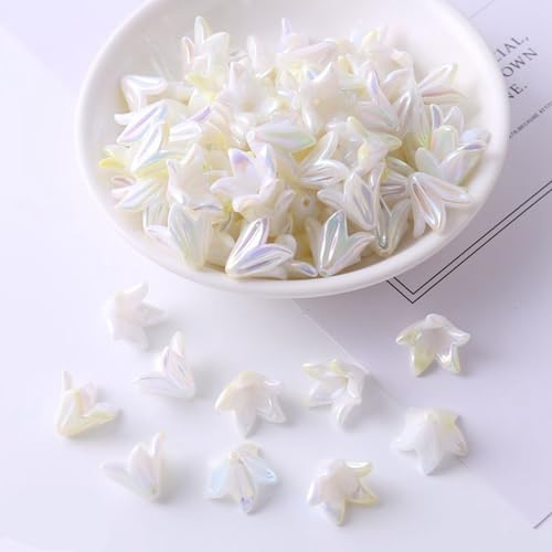 130Pcs Acrylic Trumpet Flower Beads for Jewelry Making AB Lily Flower Bead Caps Pastel Floral Beads for Earrings Necklace Bracelet DIY Craft Accessories Keychain(White) - color: White