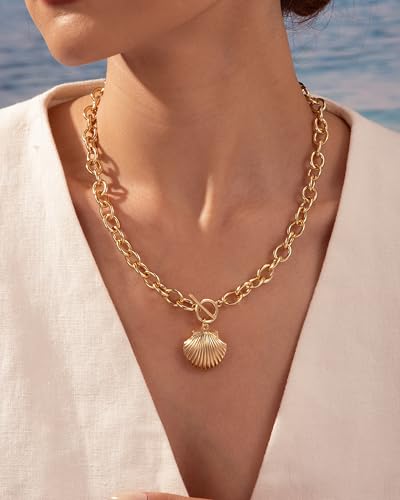 CHESKY 14K Gold Plated Chunky Necklace for Women, Trendy Paperclip Chain Necklace Thick Cross Heart Pendant Necklace Layered Herringbone Cuban Link Chain Toggle Necklaces Non Tarnish Jewelry - color: gold, style: shell