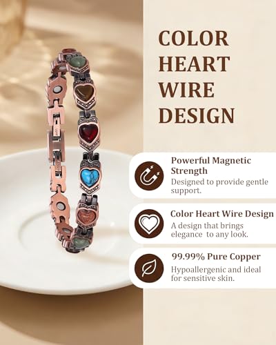 99.99% Pure Copper Bracelets for Women, Heart Wire Design Adjustable Jewelry with 3800 Gauss Ultra Magnets and Sizing Tool, Elegant Gift Box and Sizing Tool - color: Colorful Heart