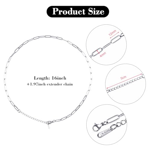 10 Pack Stainless Steel Paperclip Necklace Chains Bulk Classic Men and Women Paperclip Chain Necklace Set - color: Steel Color, size: 16inch (4x12mm)