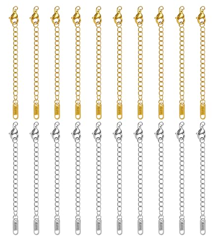 2 Inch Stainless Steel Necklace Extenders Gold and Silver Bracelet Extender Chain Jewelry Chain Extension Set with Delicate Tags for Choker Anklet Necklaces DIY Jewelry Crafts 20 PCS - color: Zipper Pull
