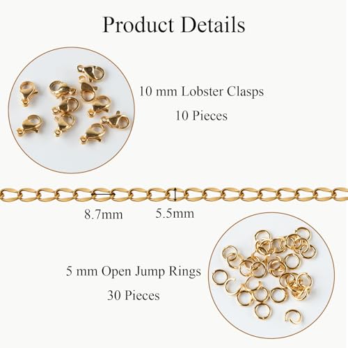 Jabogrii 16.4 Feet Stainless Steel Oval Lip Chain for Jewelry Making Gold Chain Roll DIY Craft Jewelry Making Findings - color: Oval Lip Gold