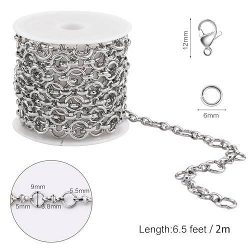SMYHTGLIF 6.5 Feet/2 Meters Silver 304 Stainless Steel Rolo Jewelry Making Chains Bulk Unsoldered Round Link Chain with Lobster Clasps and Open Jump Rings for Jewelry Making - color: Circle Silver