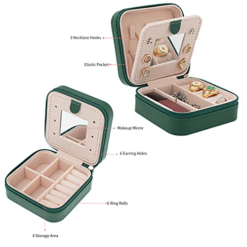 KElofoN Travel jewelry case Travel jewelry box Travel Jewelry Organizer Small box Gift for Girls Women with Mirror(Green) - color: Green