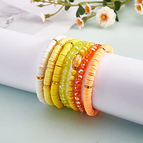 Ornaland 7Pcs Handmade Polymer Clay Heishi Surfer Stretch Bracelets Set Colorful Glass Beads Bracelets Boho Stackable Preppy Bracelets Wrist Jewelry for Women - color: Yellow