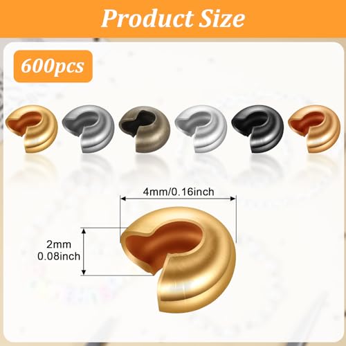 LXUEJIE 600 Pcs Crimp Bead Covers, Crimp Beads for Jewelry Making, 4mm Multi-Color Alloy Crimps Bead Knot Covers Half Round Open Crimps Beads for Bracelet Jewelry Making Craft DIY