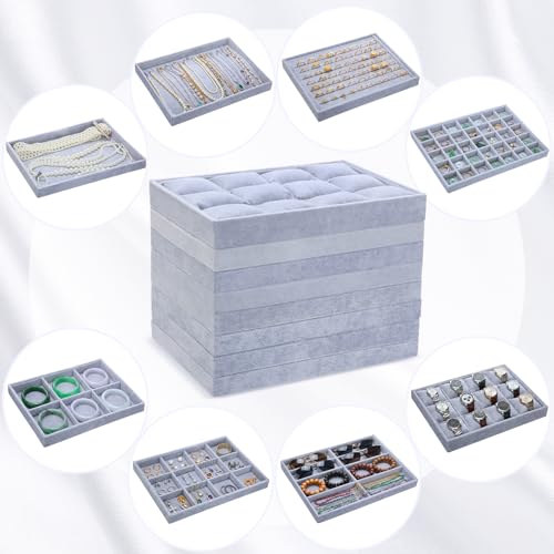 Tondiamo Set of 8 Large Stackable Jewelry Organizer Tray Set for Drawers Grey Velvet Jewelry Drawer Inserts Container Display Case Storage Display Trays for Earring Necklace Rings Bracelet Sunglasses