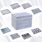 Tondiamo Set of 8 Large Stackable Jewelry Organizer Tray Set for Drawers Grey Velvet Jewelry Drawer Inserts Container Display Case Storage Display Trays for Earring Necklace Rings Bracelet Sunglasses