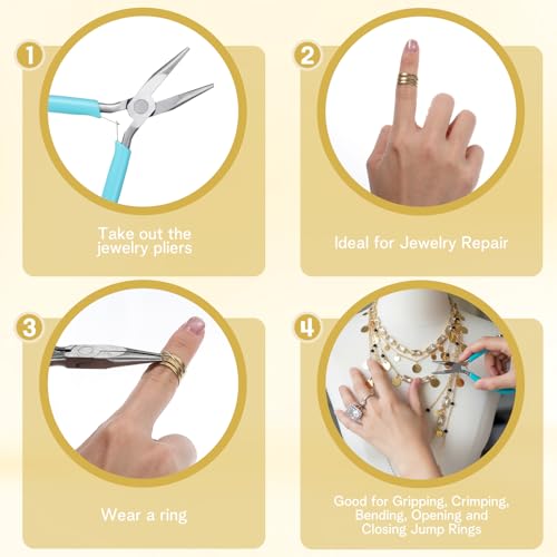 Jewelry Pliers Tool Set, 2Pcs Chain Needle Nose Pliers for Jewelry Making, Small Jump Ring Plier with 2Pc Tweezers, 2Pc Ring Hoop for Beading Craft Wire Bending