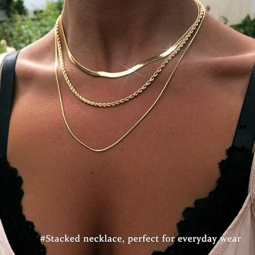 3PCS Gold Necklaces for Women,Chunky Statement Gold Plated Necklace Stack Layered Sterling Silver Herringbone Chains for Women Dainty Trendy Silver Chains Stacked Jewelry Gifts - color: gold chunky necklace set
