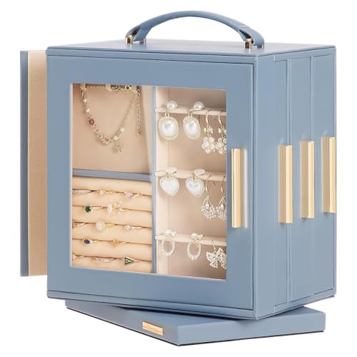 Homde Mothers Day Gifts Jewelry Box 360° Rotating, Necklace Earring Organizer with Transparent Window, Mirror, 7 Drawers, Large Ring Display Storage Case for Girls Women (Grey Blue) - color: Grey Blue