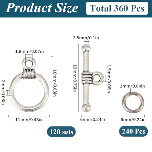1 Box 120 Sets Toggle Jewelry Clasp Sets Bracelet Toggle Clasp Silver Alloy Closures OT Round Buckle End t Bar Clasp Connectors with Jump Rings Set for DIY Jewelry Making Accessories Craft - style: Style 2
