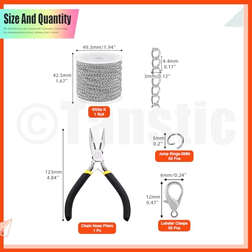 Tanstic 102Pcs 30 Feet Jewelry Making Chains Necklace Chains Bulk Cable Link Chain with 50Pcs Jump Rings, 50Pcs Lobster Clasps, Pliers for Bracelet Necklace Making(White) - color: White
