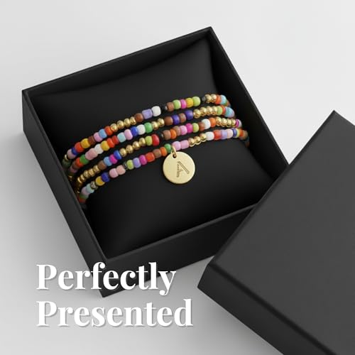 Set of 4 Colorful Bead Initial Bracelets, Personalized Stackable Jewelry, Adjustable Stretchy Charm Bracelets for Women, Beaded Bracelet Set, Trendy Custom Jewelry Gift - style: Colorful Bead - A