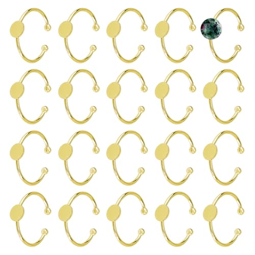 DICOSMETIC 20Pcs Adjustable Blank Ring Golden Pad Ring Base Half Round Cabochon Ring Brass Bezel Trays Rings Open Cuff Ring Finger Ring Settings Component for DIY Rings Making - color: Golden