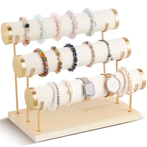 Wenqik 3 Tier Detachable Bracelet Holder Bracelet Display Stand Beige Velvet Jewelry Organizer Displays for Bangles Necklace Watches Scrunchies Hair Ties (Beige) - color: Beige, size: 9.5 x 11 x 6.3 Inch