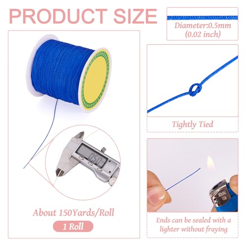 Pandahall 150 Yards Nylon Beading Cord 0.5mm Braided Nylon Thread String Chinese Knotting Cord with Plastic Spool for DIY Craft Jewelry Making (Blue)